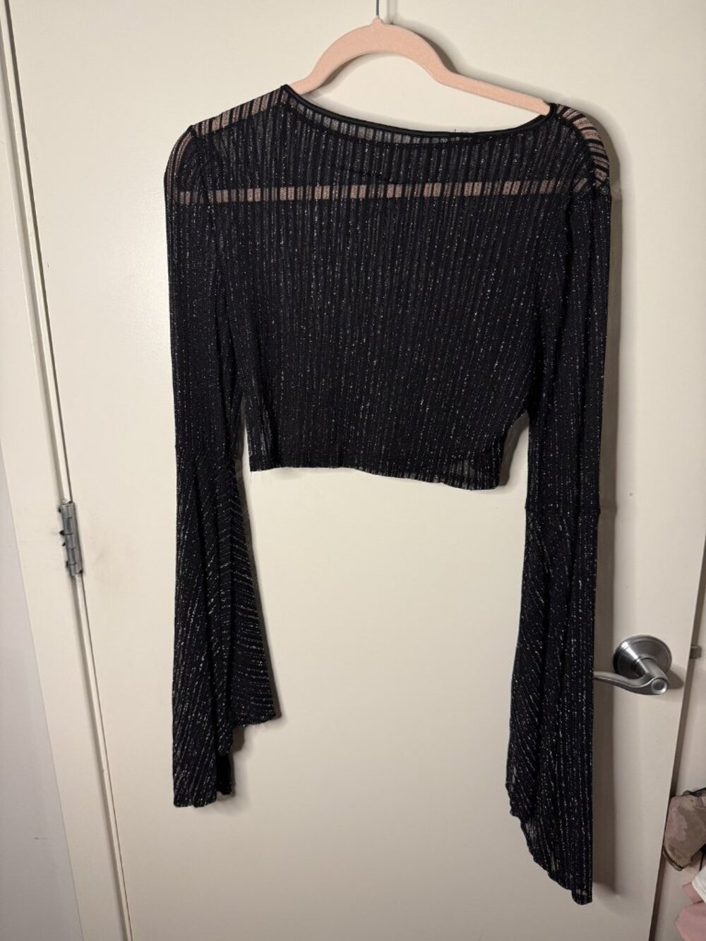 Black Sheer Knit Bell Sleeve Crop Top